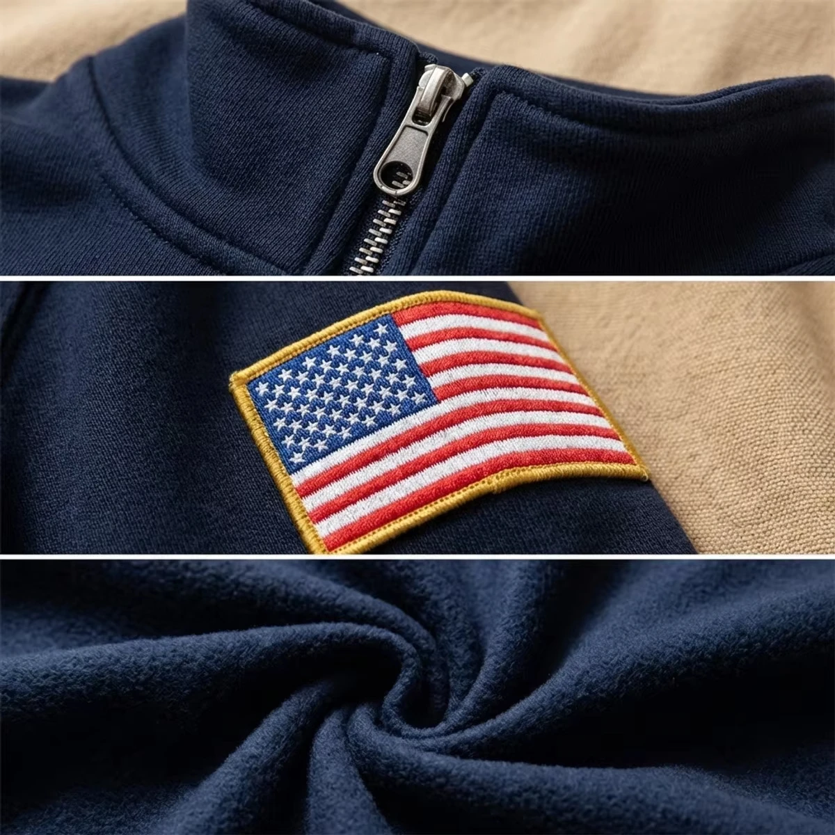 Y2K American Flag Embroider Hoodies Quarter Zip Sweatshirts Men Navy Blue White Pullover Patch Sleeve Streetwear Casual Sweater