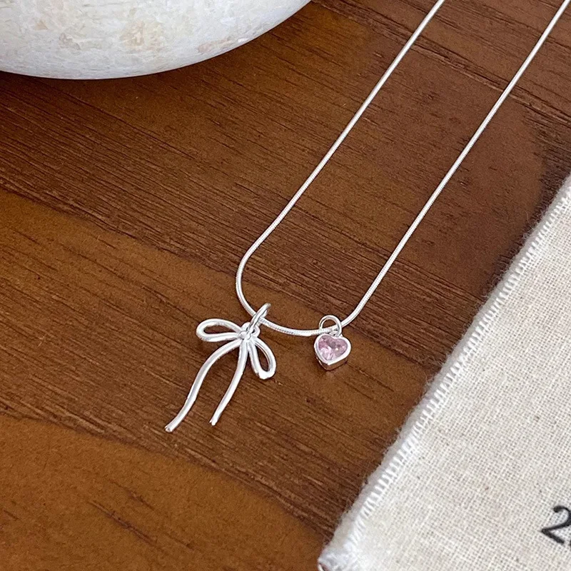 925 Sterling Silver Necklace Elegant Simple Bowtie Ribbon Pink Heart Pendant for Women Girl Jewelry Gift Dropshipping Wholesale