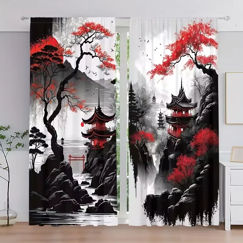 2 Cortinas Multicolor con Diseño de Paisaje Japonés, Pagoda y Árbol de Arce Rojo, con Bolsillos para Barra, para Dormitorio y Sala de Estar