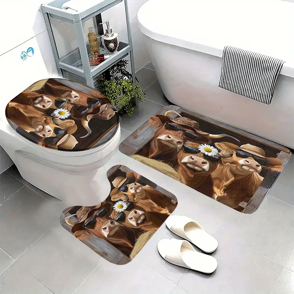 Western Cowboy Style Cow-Themed Bathroom Single or Three-Piece Set: Non-Slip Toilet Mat + U-Shaped Floor Mat + Bathroom Foot Mat, Fun Farm Animal Pattern Bathroom Set