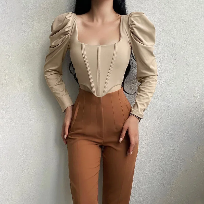 

2023 Fall New Corset Women Tops Elegant Black Velvet Blouses Shirts Square Collar Puff Long Sleeve Shirt Vintage Tops Draw Back