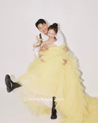 SONDR Strapless Korea Tiered Evening Dress Custom Made Formal Prom Dress Tulle Yellow Ruffles 웨딩드레스 Occasion Party Evening Gown