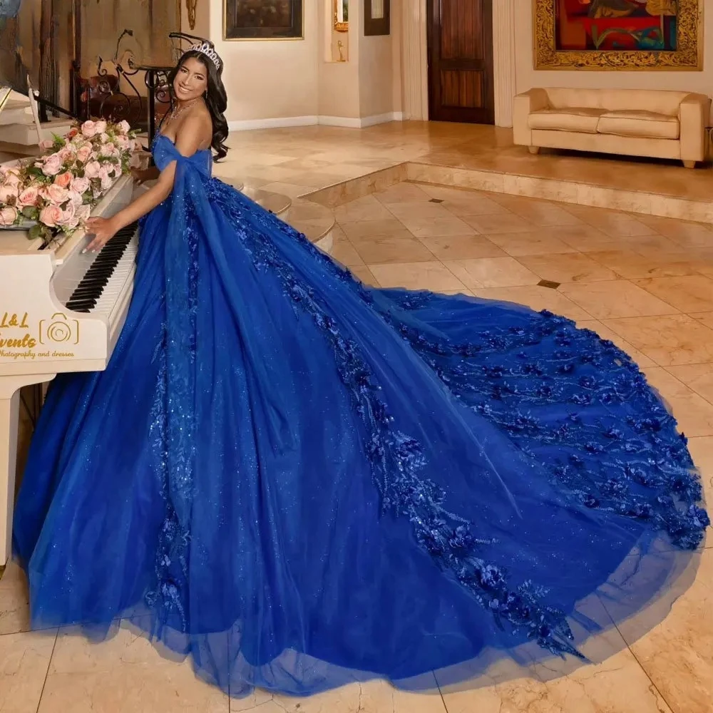 Customized Mexico Royal Blue Quinceanera Dress Ball Gown Off Shoulder Appliques With Cape Shawl Sweet 16 Vestidos XV Años YQD446