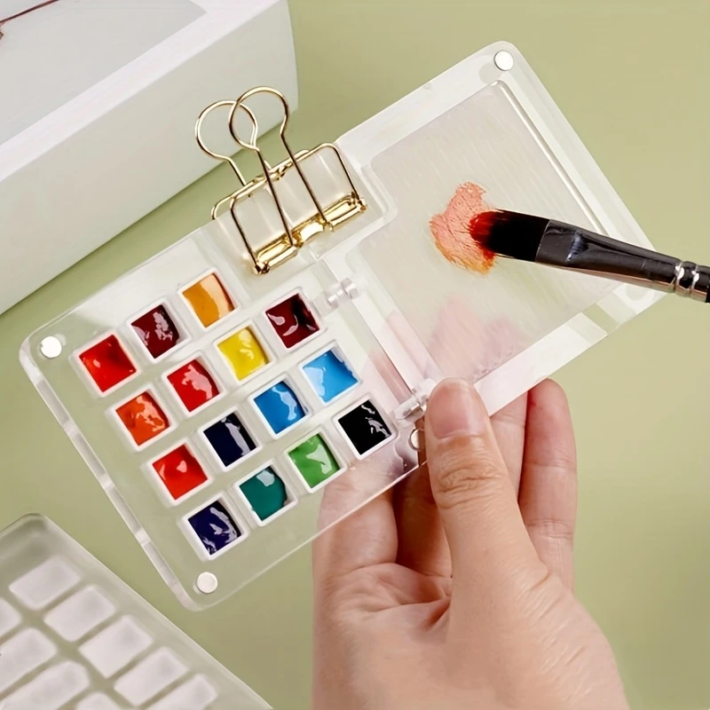15-compartment transparent paint box Portable acrylic watercolor dispenser box Washable outdoor sketching clipboard palette
