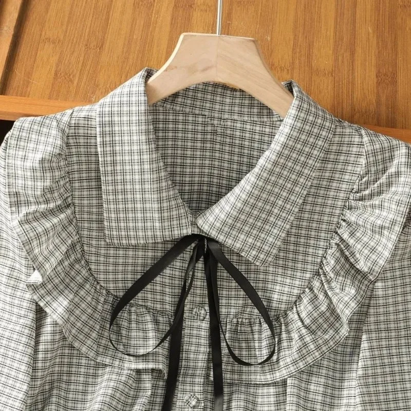 Koszule w kratę w stylu preppy z kokardą damskie 2025 jesień, koszule z kołnierzykiem, wiązane na kokardę, łączone falbanki, luźne bluzki, koreański szyk, uniwersalna bluzka