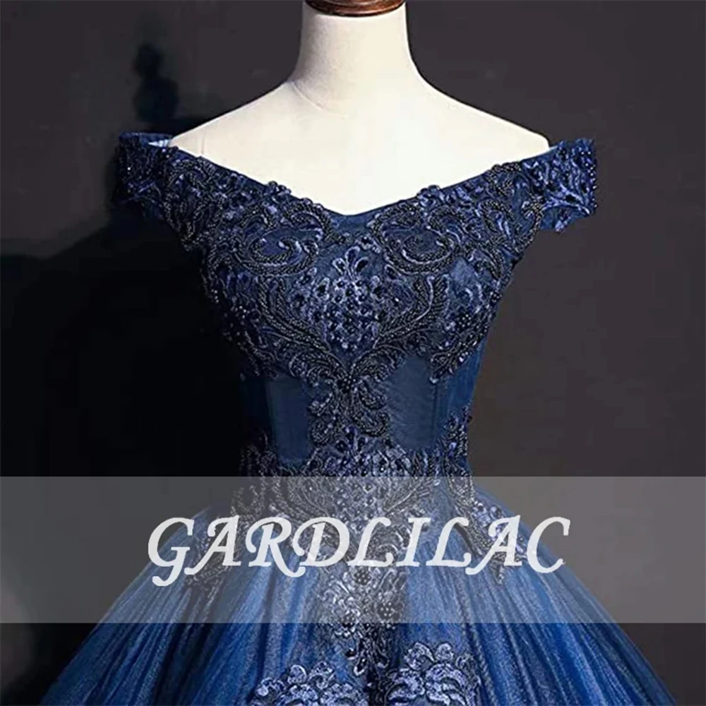 New Off The Shoulder Quinceanera Dresses Lace Appliques navy Blue Long Prom Ball Gowns