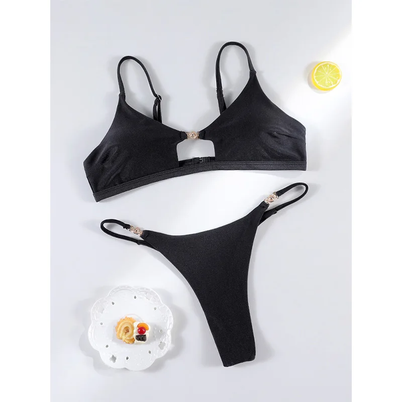 Rinabe String Swimsuit Black Bikini High Cut Swimwear Cut Out Bikinis Sexy Swimsuits Vacation Swimsuit Two-Piece Beachwear