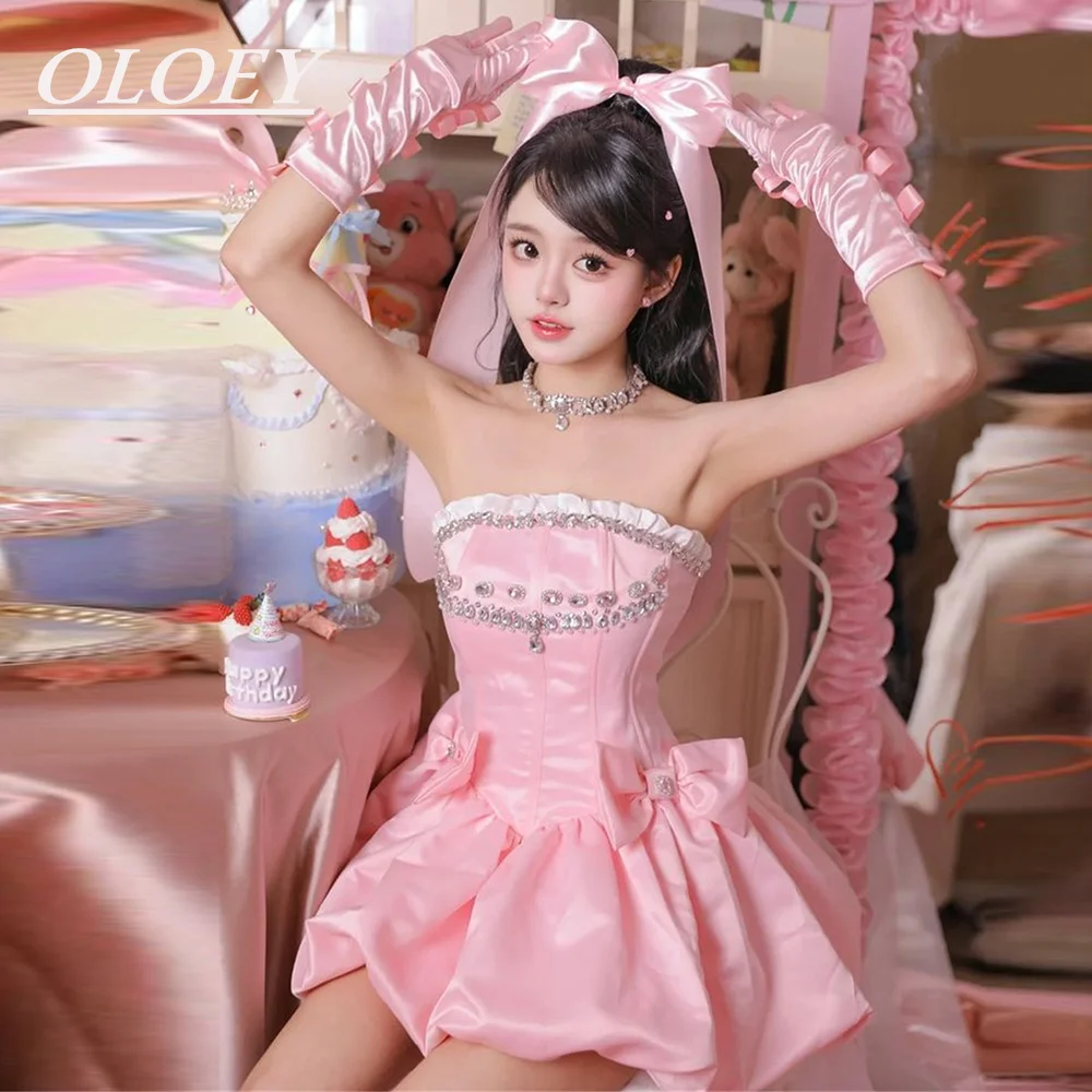 

OLOEY Modern Pink Short Prom Cocktail Dress Strapless A-Line Mini Wedding Party Homecoming Gown Customized Satin Bows Crystals