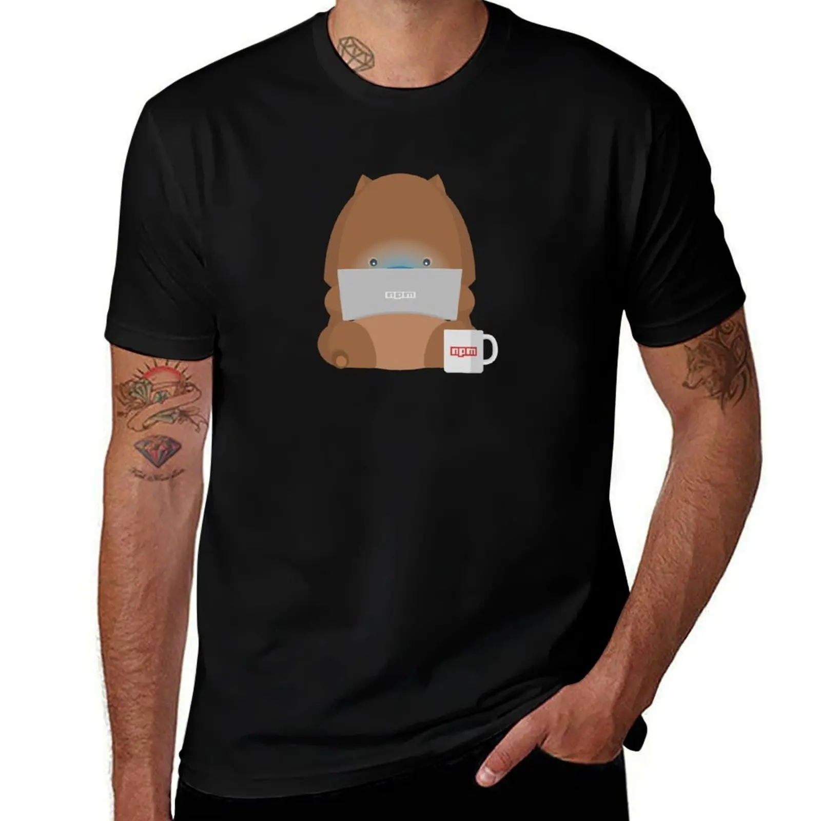 NPM: Wombat with laptop and a cup of coffee (Black background) T-Shirt Large Size Basic Casual T-Shirt