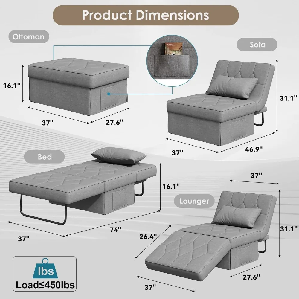 أريكة سرير قابلة للتحويل مع مسند ظهر قابل للتعديل مكون من 5 مستويات، 74 عمق × 37 وات 4 في 1 سرير كرسي نوم عثماني قابل للطي، فوتون فردي حديث