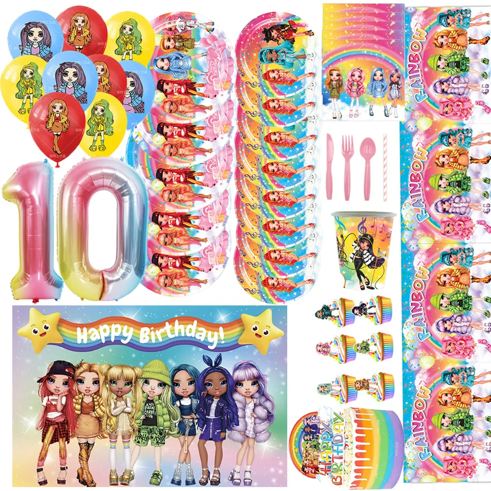 

Y2K Style Rainbow D-Dolled Birthday Party Decoration Disposable Tableware Tablecloth Balloons Cartoon Background Party Supplies
