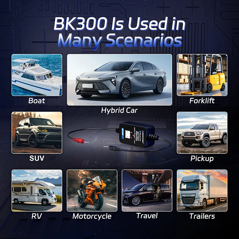 Alat Pemantau Baterai Mobil Bluetooth KONNWEI BK300 2026, Penguji Baterai 6V/12V/24V dengan Aplikasi Seluler untuk Mobil, RV, Motor, Truk & Kapal