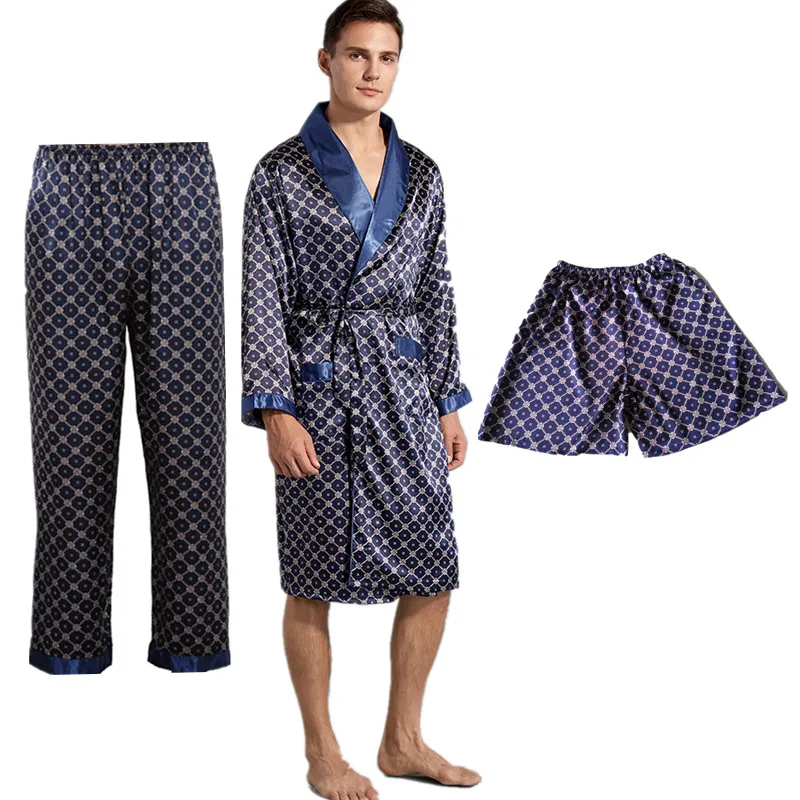 Robe Pants Pajama Set 7XL Two-Piece Men Bathrobe Shorts Suit Silk Sleepwear for Men Kimono Home Soft Cozy Long-sleeved Bath Gown