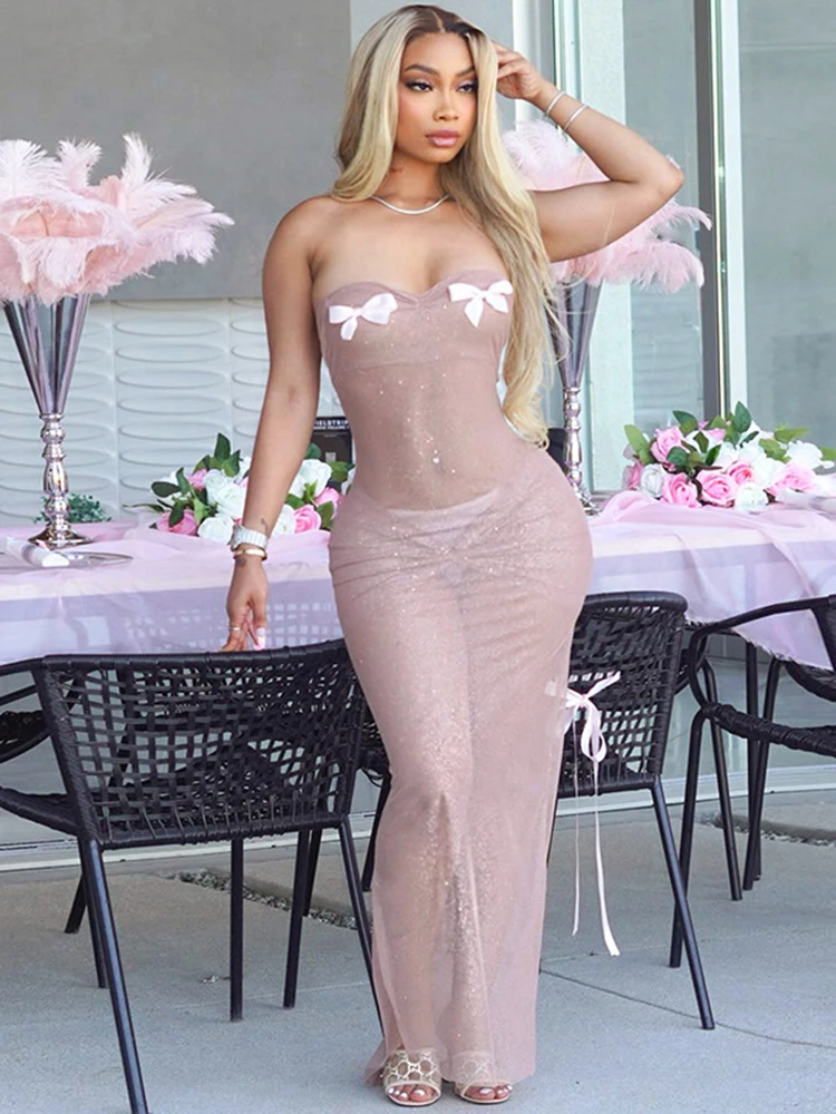 Sibybo Strapless See Through Maxi Dress Women Summer Sundress Fashion Bows Sleeveless Backless Slim Party Clubwear Sexy Dresses