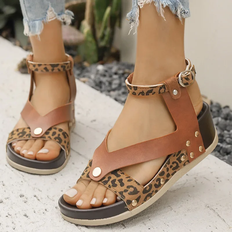 

Summer Women's Shoes Leopard Print Wedge Sandals Women Plus Size Ankle Strap High Heel Sandal Female Slip on Sandalias De Mujer