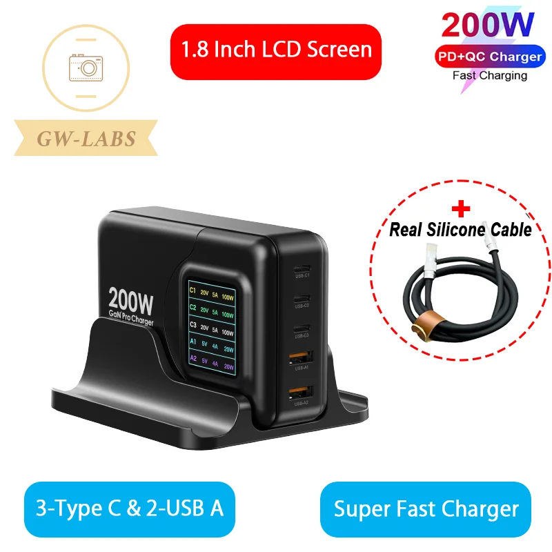 

5-port 200W PD 3.0 GaN Charger 1.8" LCD Screen USB C PD 100W PPS105W For Macbook iPad iPhone Samsung Huawei and more