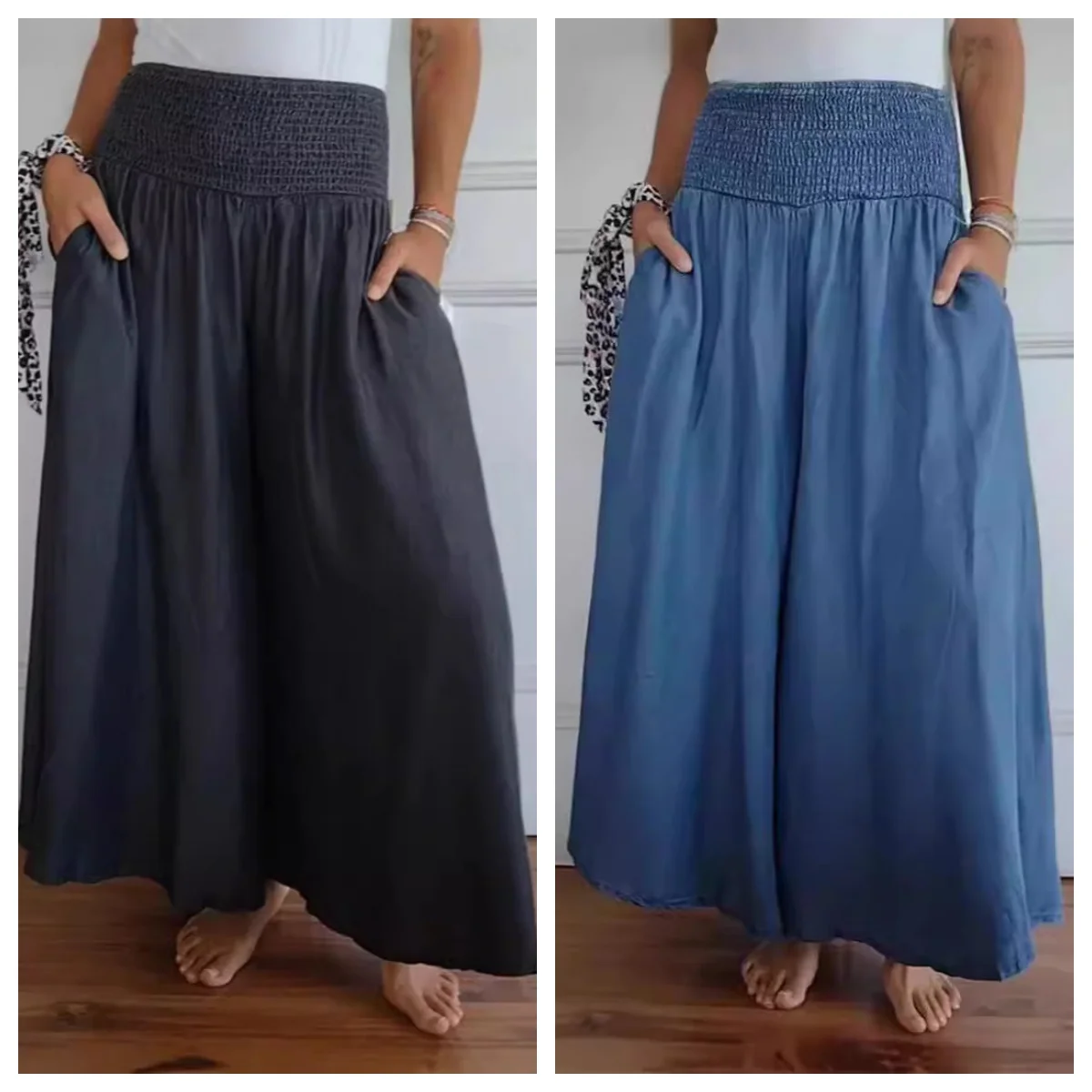 Women's Fashion Casual Play Wide Leg Elastic Belt Wide Pants Culottes