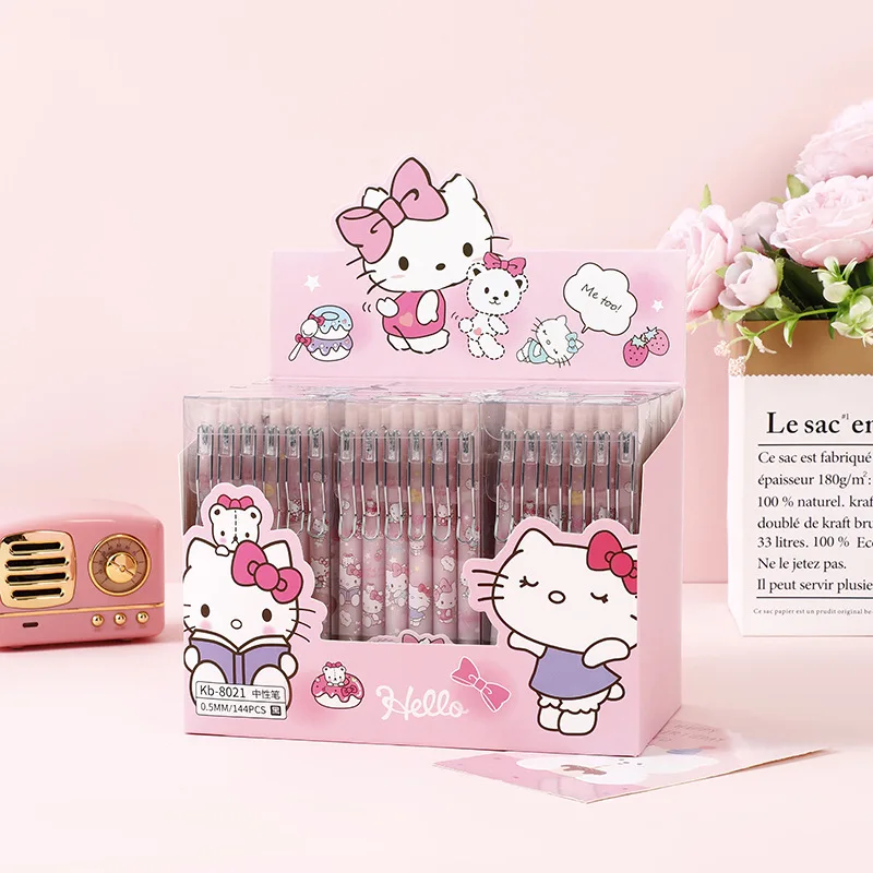 12-144pcs Kawaii Sanrio Hello Kitty Cartoon Gel Pen Kitty Stationery 0.5mm Black Metal Hook High Color Value Office Write Pens