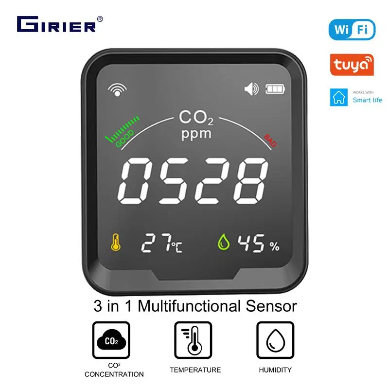 Top! GIRIER Tuya Smart WiFi CO2 Sensor Smart Carbon Dioxide Meter Temperature Humidity Detector Monitor with LCD Screen 3 in 1