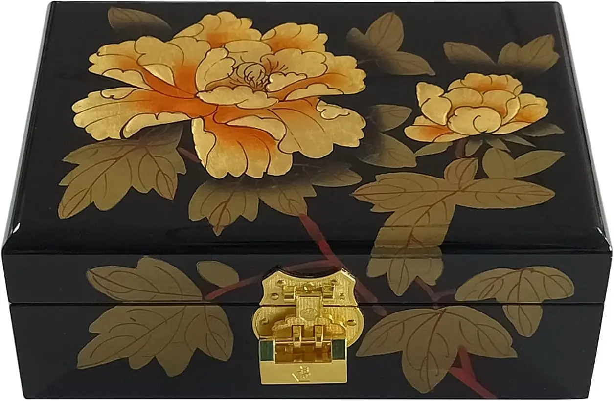 Gold Peony Flower Jewellery Box - Lacquered Wooden Storage Box - Jewellery & Secrets Box - Chinese Deco - Women's Gift Box - Gol