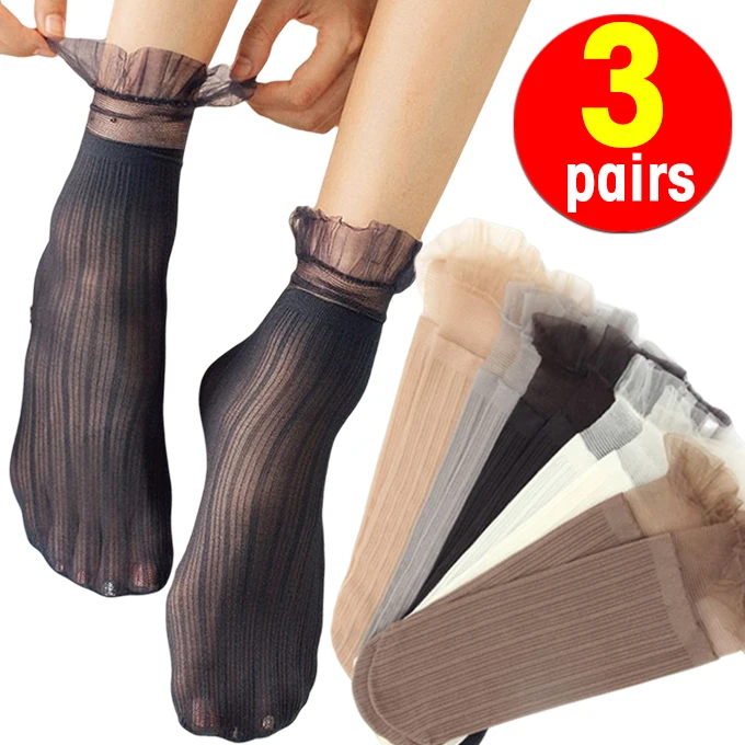 

3pairs Velvet Woman Socks Ultra-thin Transparent Lace Frilly Ruffle Socks Girl's Summer Japane Style Harajuku Retro Long Socks