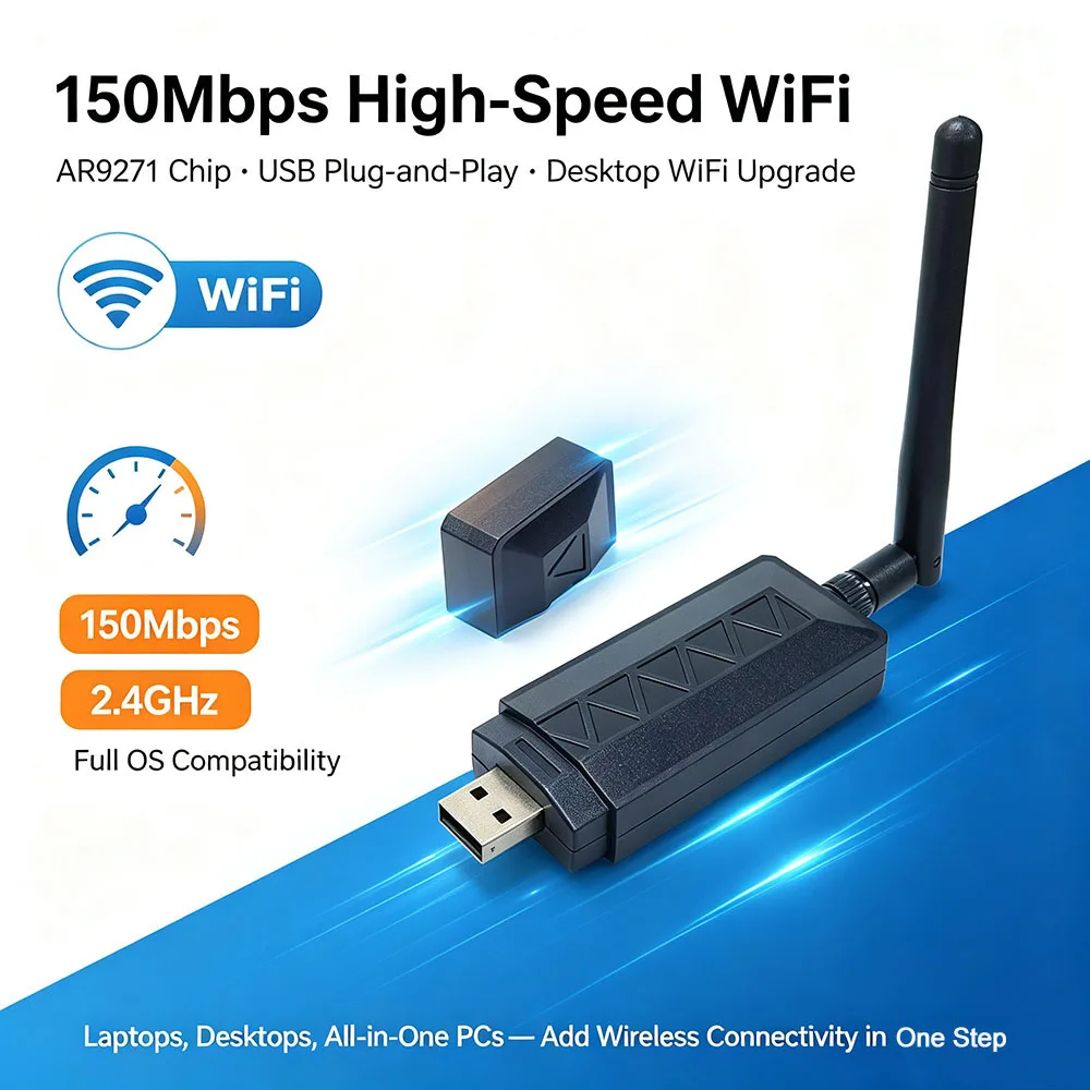 AR9271 Wireless USB WiFi Adapter 150Mbps with Detachable 2DBI High Gain Antenna for Win10 11 PC Laptop TV Streaming Plug & Play