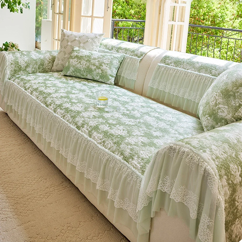 Summer Ice Silk Skin-Resistant Sofa Cover Towel Lace Skirt Hem Cool Sofa Seat Covers Breathable Knitted Sofa Cushion Cover