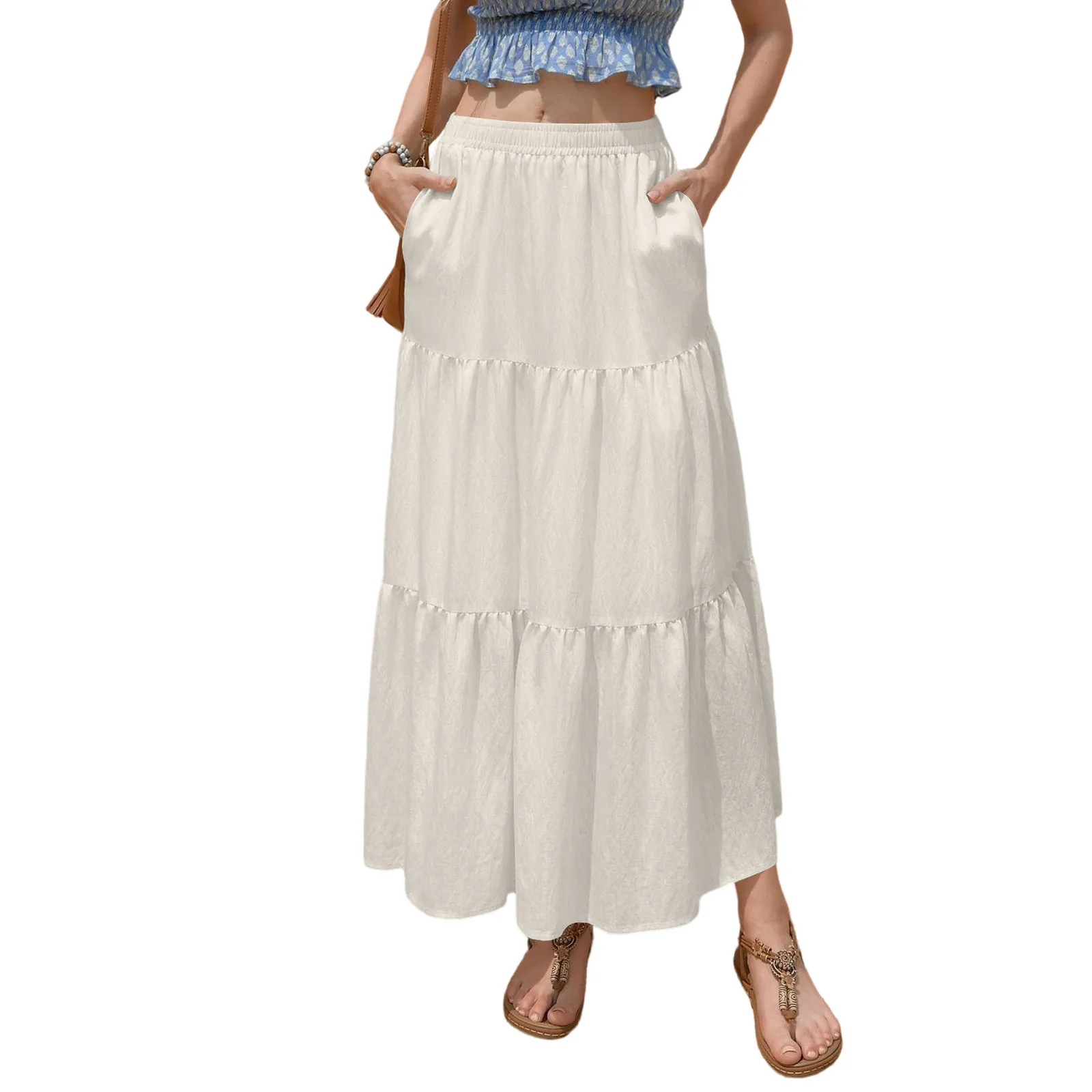 

Women's Linen Pocket Skirt, High-waisted Elasticated Casual Long Skirts, Summer Loose Linen Skirt, Layered Ruffle Beach Skirt