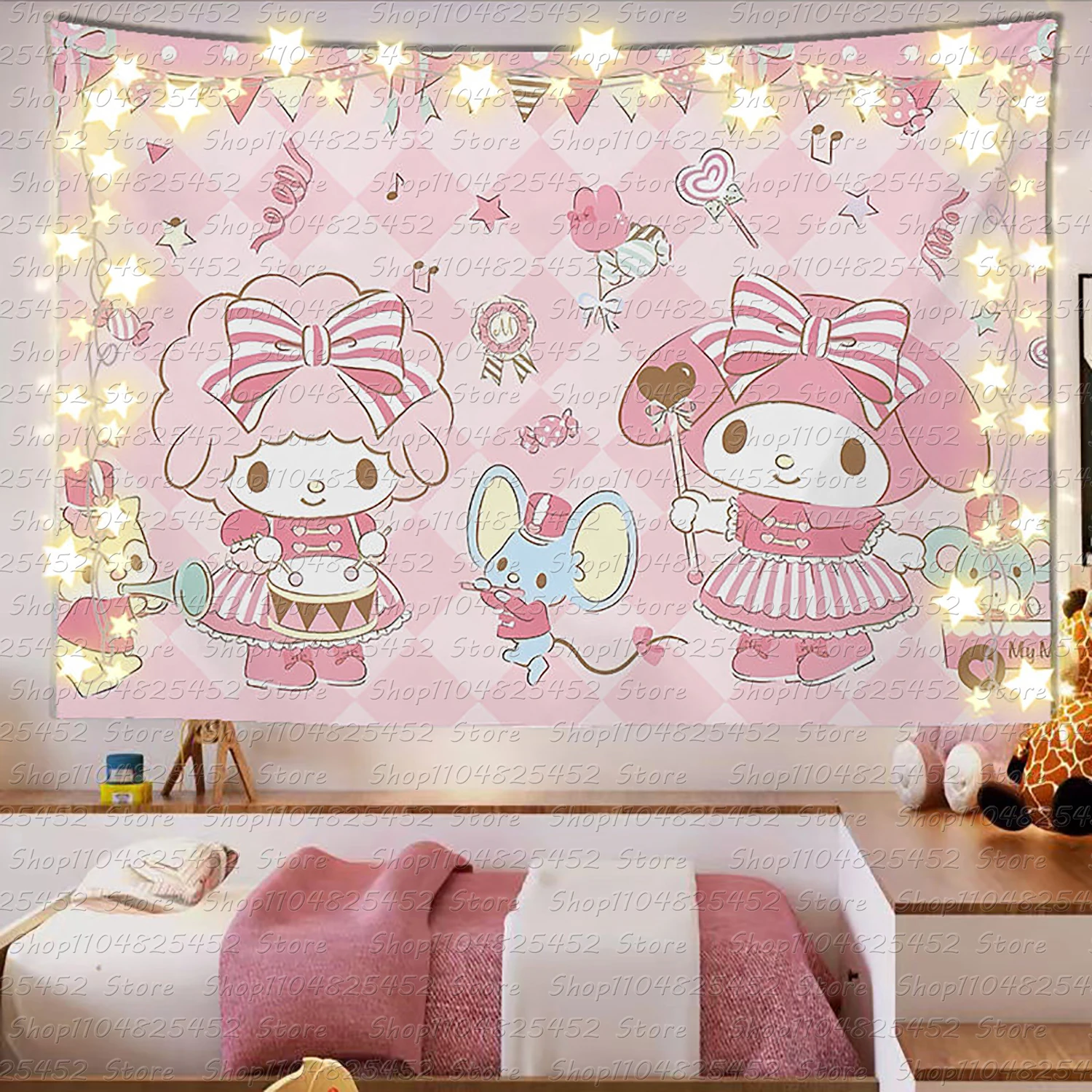 Entzückende Sanrio Familie Rosa Herz Wandteppich Kawaii Anime Wanddekoration Super Niedliche Mädchenherz Bedruckte Heimdekoration