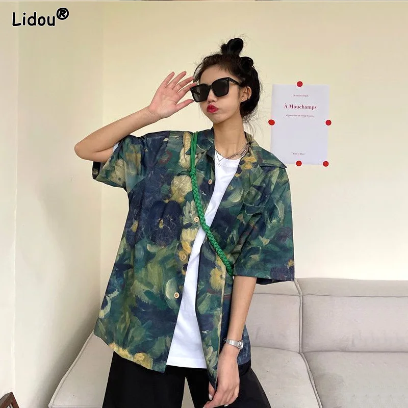 

Vintage Korean Fashion Casual Printing Blouses Loose Button Turn-down Collar Handsome 2023 Women's Clothing Summer Thin Cardigan