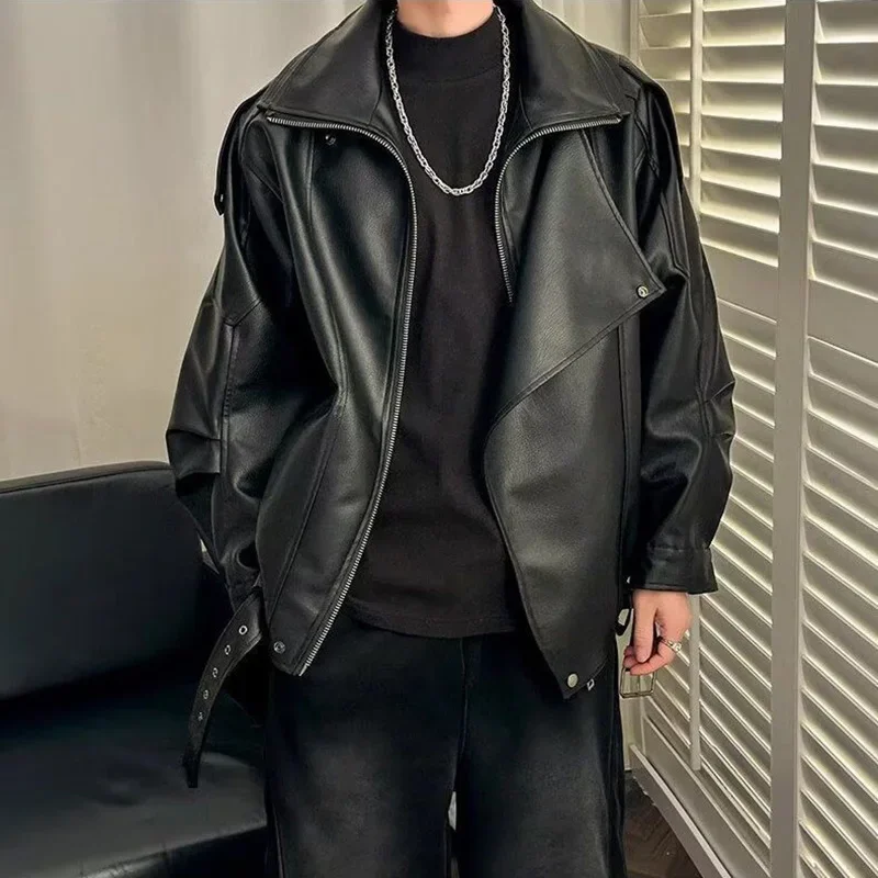 Men Trend Lapel Collar PU Leather Jacket Male Fashion Motorcycle Style Casual Outerwear High Quality Texture Black Coffee Coat