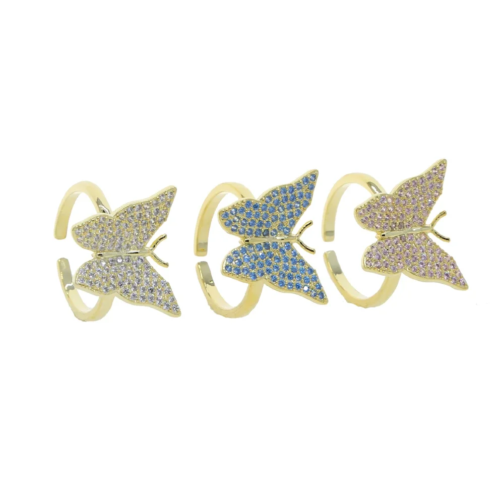 Cute Animal Design Open Adjusted Finger Ring Micro Pave CZ Pink Blue White Cubic Zirconia CZ Butterfly Fashion Jewelry for Women
