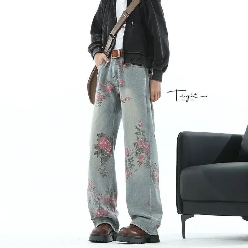 Pop Flower Jeans Men Fashion Casual Printed Jeans Men Streetwear Hip-hop Loose Wide Leg Jeans Mens Vintage Denim Trousers S-3XL