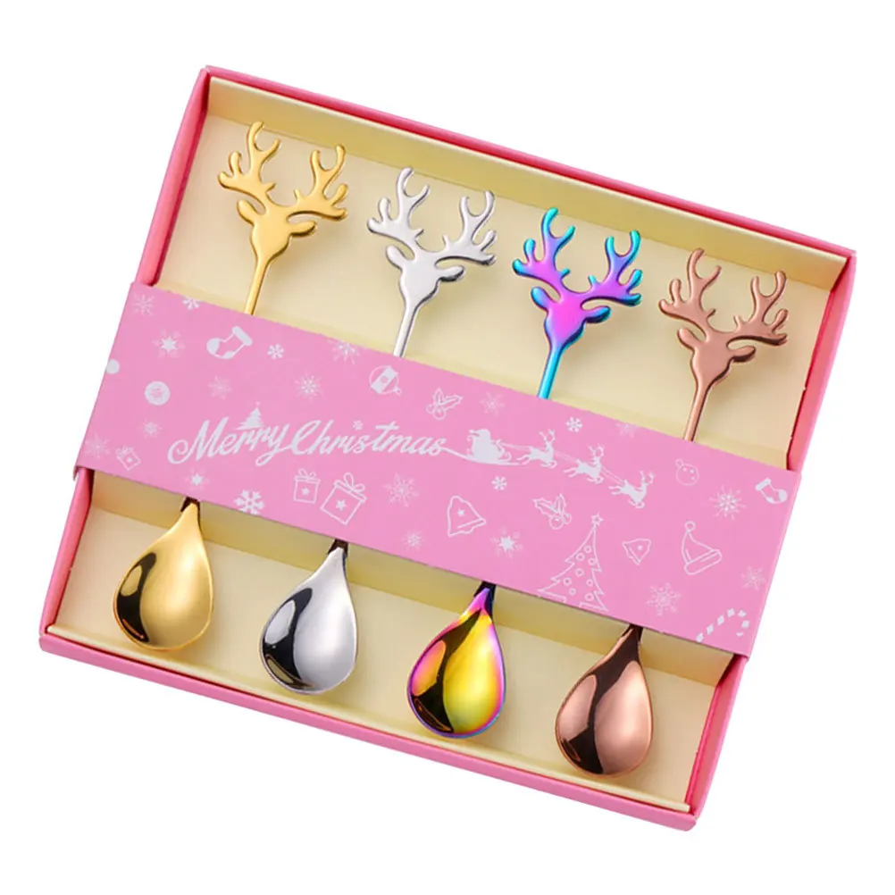 

4Pcs Household Spoons Wapiti Pattern Stainless Steel Christmas Dessert Soup Ice Cream Spoons Wear Resistant Rust Proof