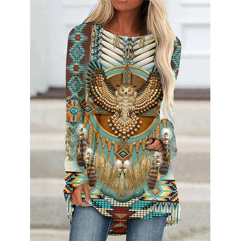 Zachodni aztecki etniczny nadruk 3D koszulki z długim rękawem artystyczne kobiety w stylu Vintage T Shirt oversize Streetwear damskie koszulki