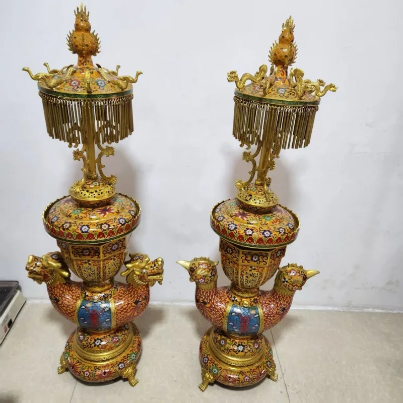 Copper tire handmade filigree enamel cloisonne, Qianlong dragon and phoenix palace lamp stove copper incense burner ornament