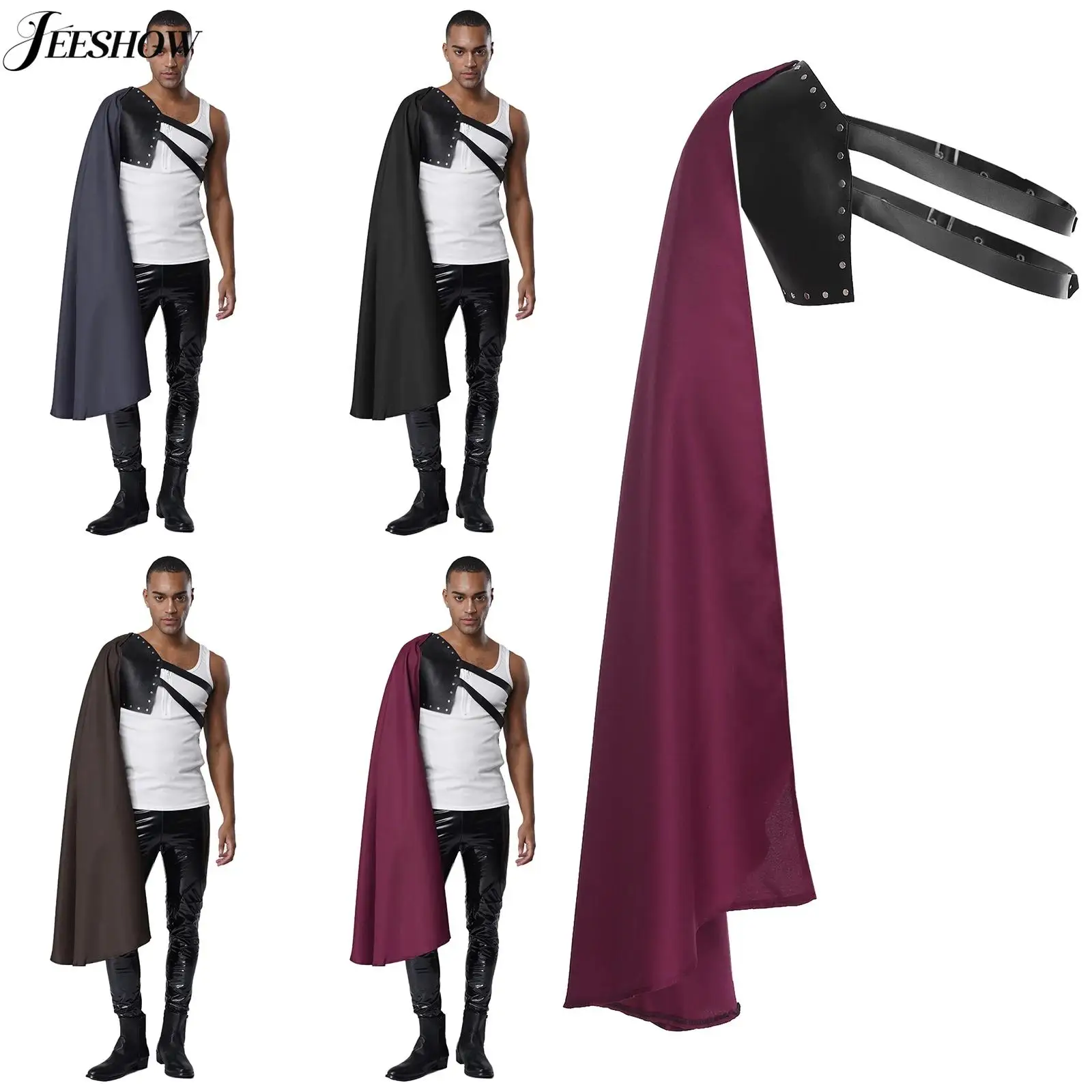 

Mens Medieval Knight Costume Half Shoulder Adjustable Double Straps Cape Ancient Warrior Cosplay Cloak for Halloween Party