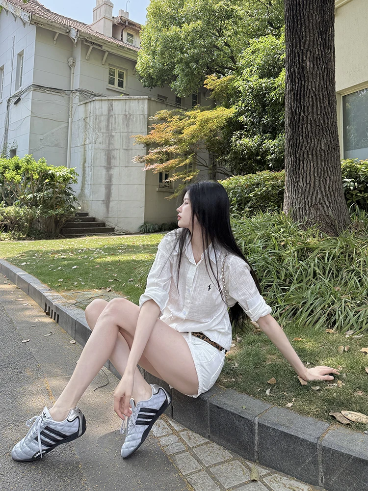 

Matou Embroidered Long Sve irt Women's Thin Transparent Casual Sle Loose Fit Summer New Arrival White Color