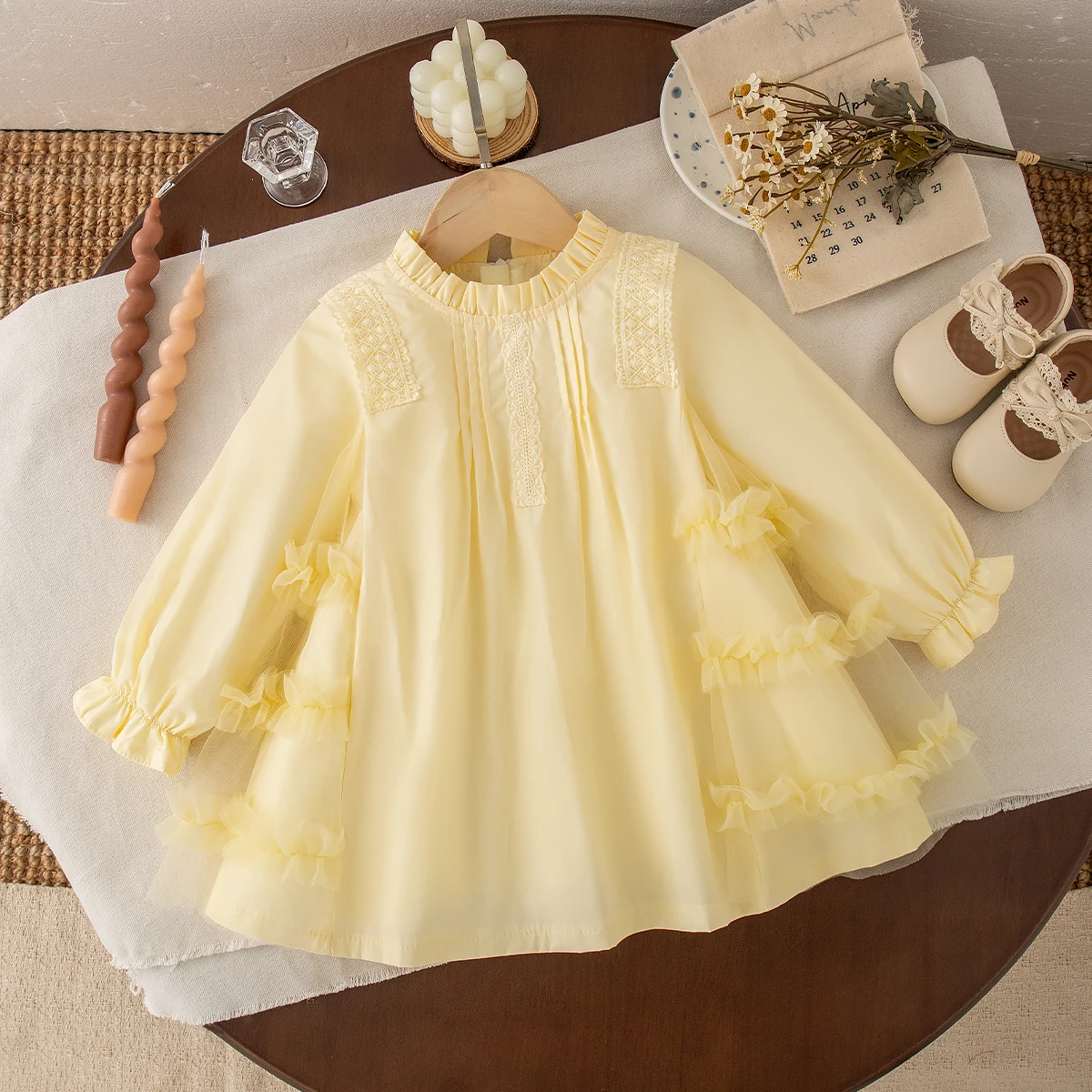 

Baby Girl Dress Spring and Autumn Cotton Solid Color Mesh Long Sleeve Girls Dresses Simple And Cute Baby Girl Clothing