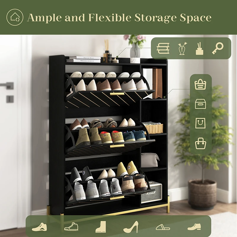 Shoe Cabinet with 3 Flip Drawers & Open Shelves, Modern Entryway Wood Shoe Storage Cabinet Slim