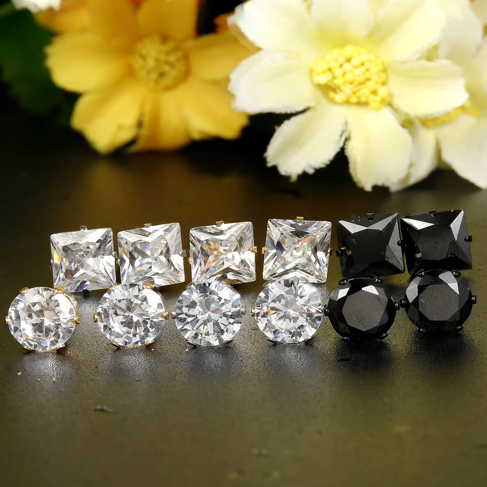 1 Pair Stainless Steel Silver Gold Black Round Square Inlaid Cubic Zirconia Stud Earrings Set for Men Women 3-8MM