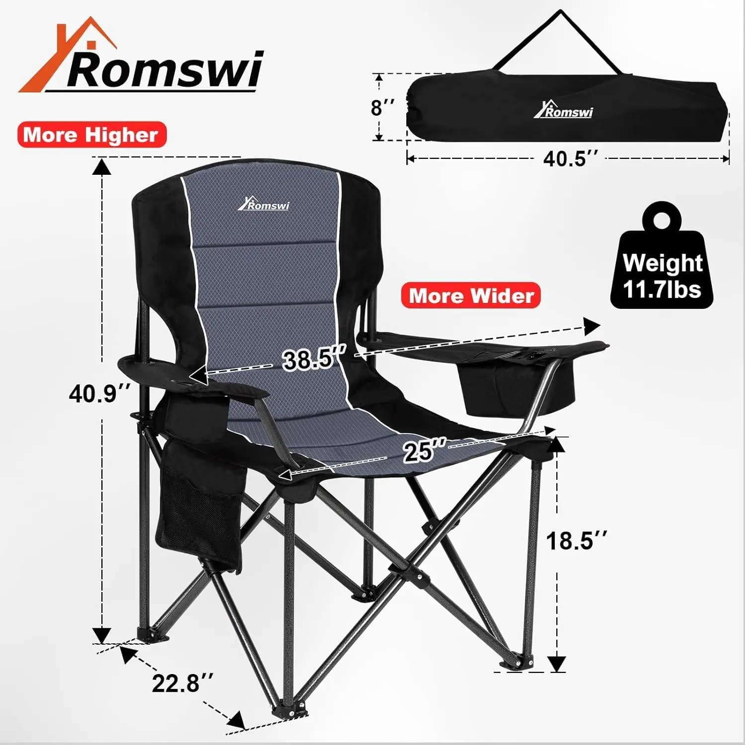 Oversized Camping Chairs Heavy Duty Support 500 Lbs Padded Back Arm Sport Chairs Cup Holder Cooler Bag Collapsible Folding Outdo