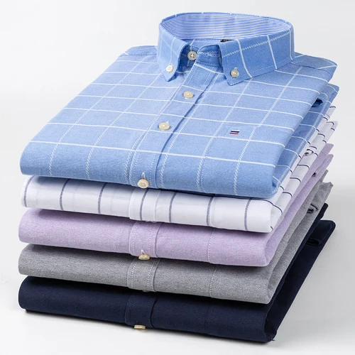 Imagen 2 del producto Camisas sociales para hombre, 100% de manga larga de algodón puro Oxford, ropa Formal a cuadros con botones suaves para hombre, camisa de gran tamaño de talla grande 6XL 7XL