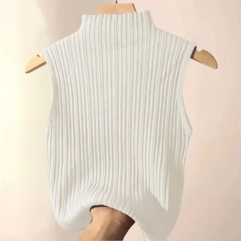 

Casual Outing Turtleneck Ribbed Solid Color Summer Sleeveless Top Casual Solid Polyester Fabric Regular Length