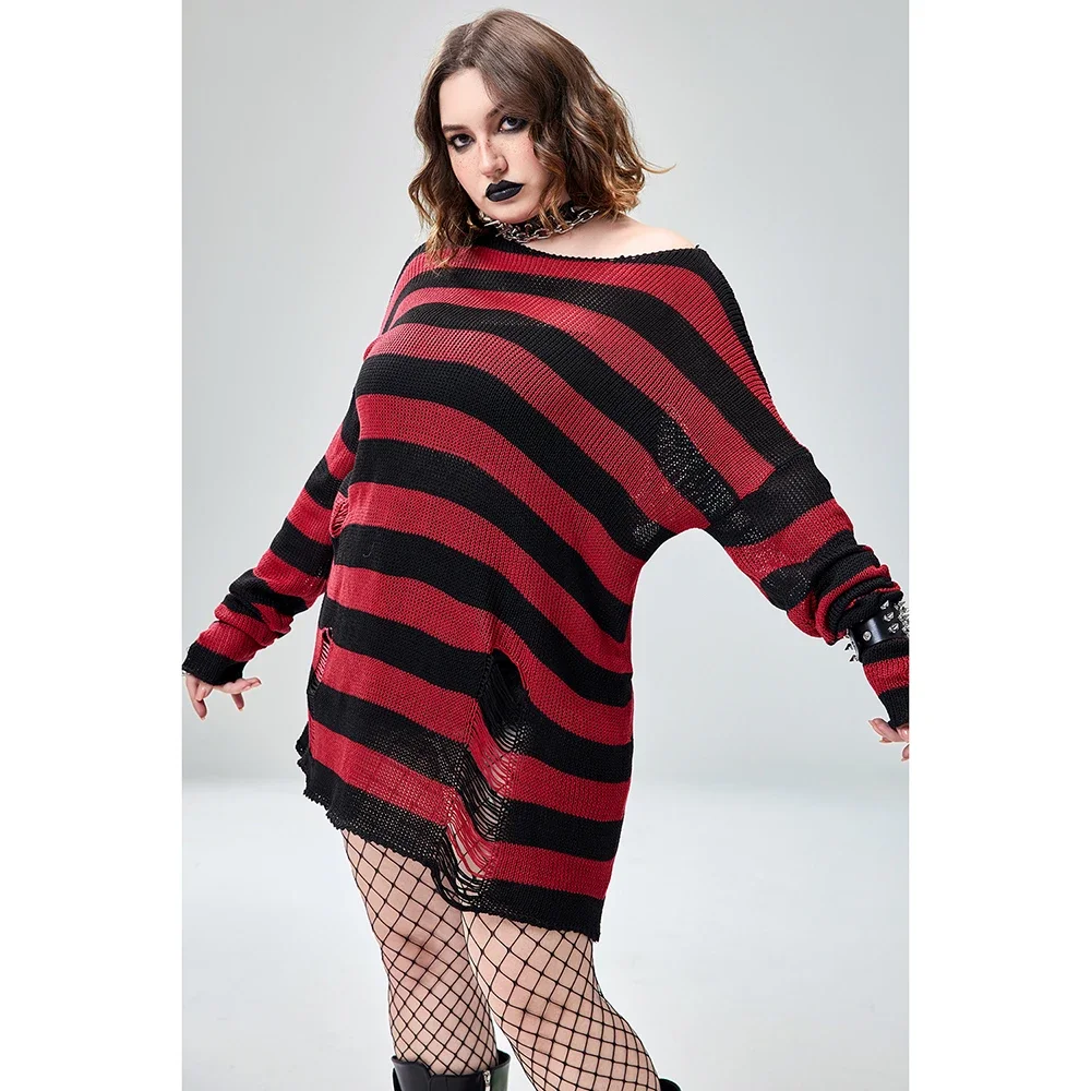 Halloween-Kostüm in Übergröße, rot, Gothic, gehäkelt, Rundhalsausschnitt, langärmelig, gestreifter Pullover, modisches Minikleid