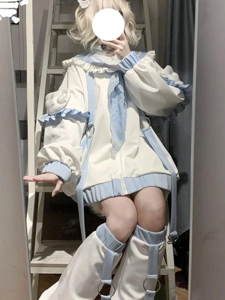 Y2k Aesthetic Japanese Sailor Collar Hoodies Coat Women Design Long Sleeve Wing Tops Harajuku Casual Fashion Zipper Sweatshirts