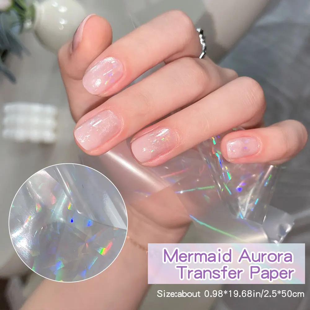 10 롤 무지개 빛깔의 인어 오로라 네일 전송 용지 50x4cm 네일 아트 호일 접착제 네일 아트 장식 DIY 네일 용품
