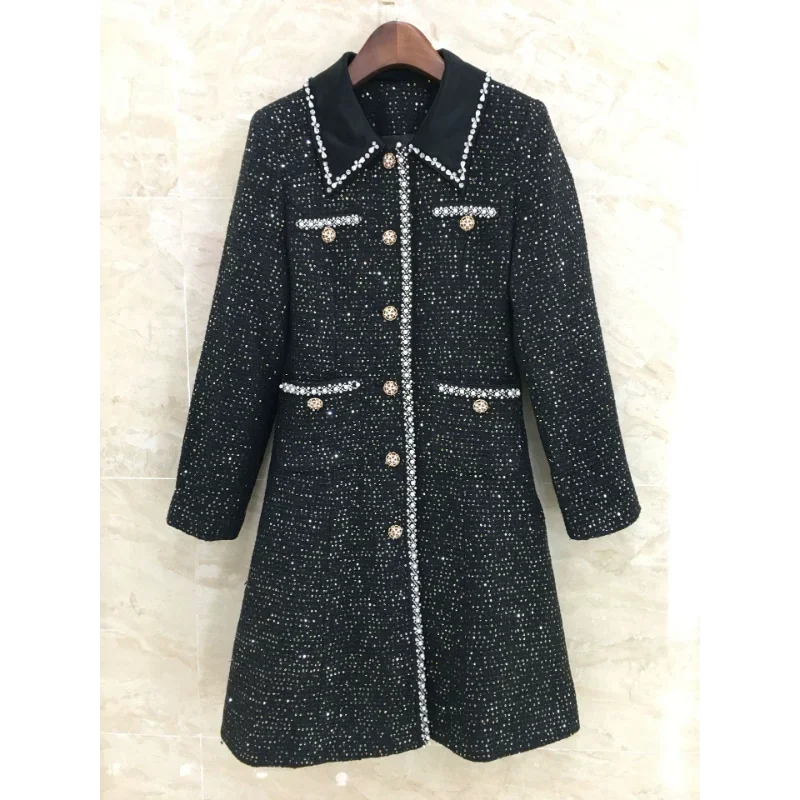 High-quality Sequined Small Fragrance Beaded Lapel Dress Women Elegant Chic Long Sleeve Office French Lady Tweed Dress One Piece