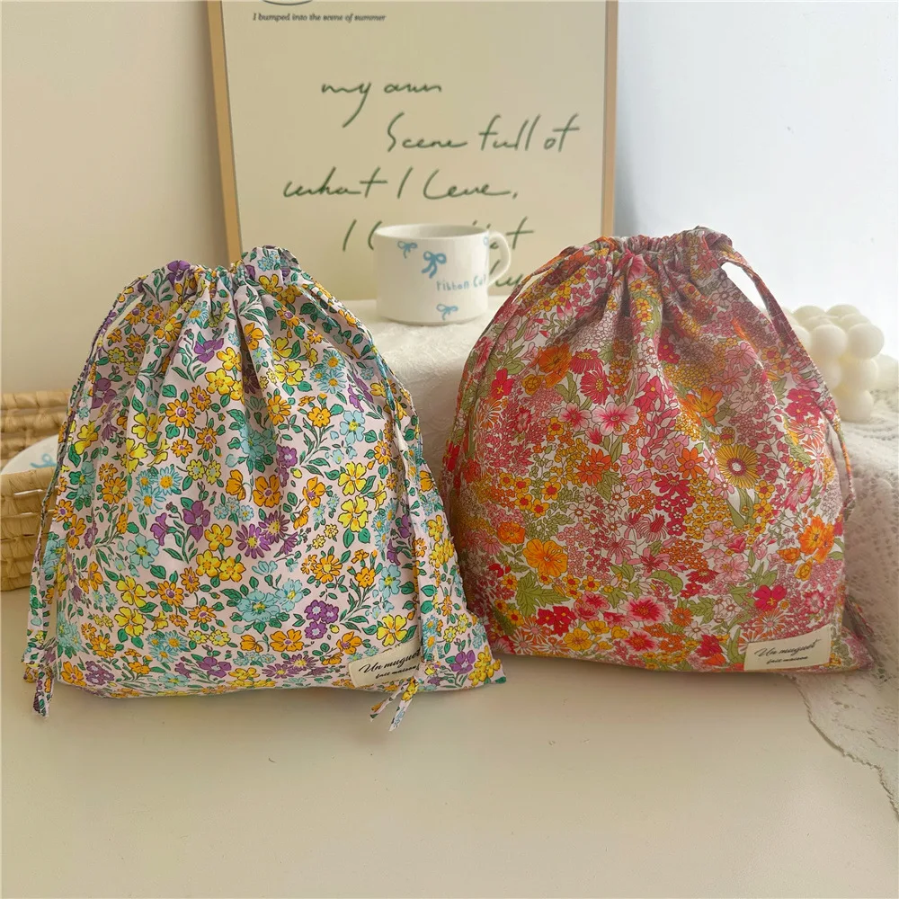 Portable Organizer Cotton Makeup Bag Travel Underwear Clothing Drawstring Bags Flower Print Mom Bags Cosmetic Bags