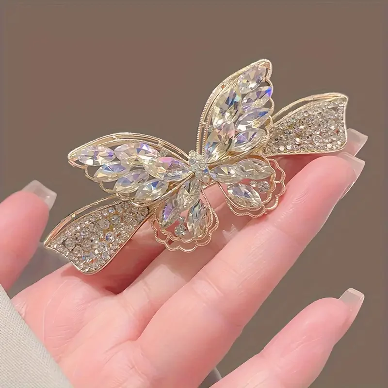 Eleganter Schmetterlingsclip, modische Strass-Haarspange für Damen, funkelnder Rückenclip, Pferdeschwanz-Accessoire, goldener Make-up-Look